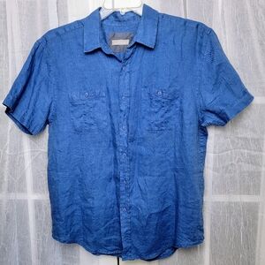 Bruno 100% Linen Button Up Shirt Mens Sz L Blue Lightweight Short Sleeve Pockets